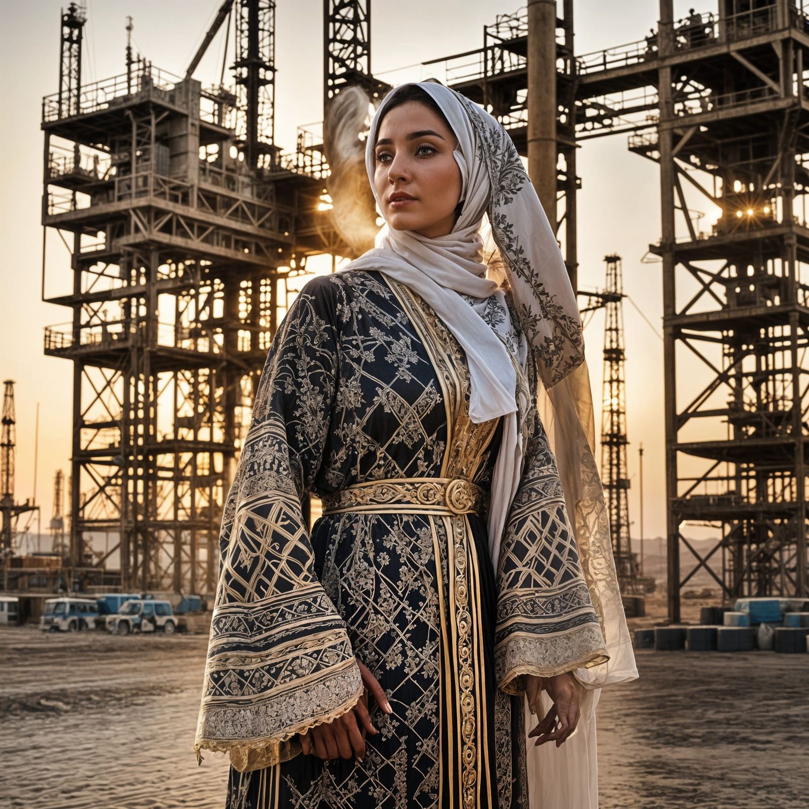 Iraqi Woman in Abaya at Middle Eastern Oil Field