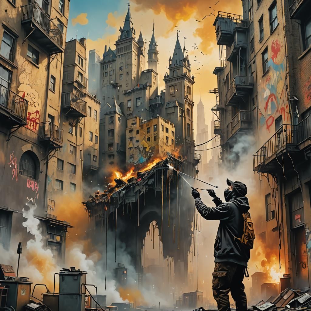 Banksy-Inspired Surreal Mural in Dreamlike Cityscape