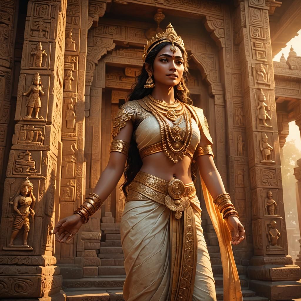 Hindu Goddess in Ancient Temple, Golden Light
