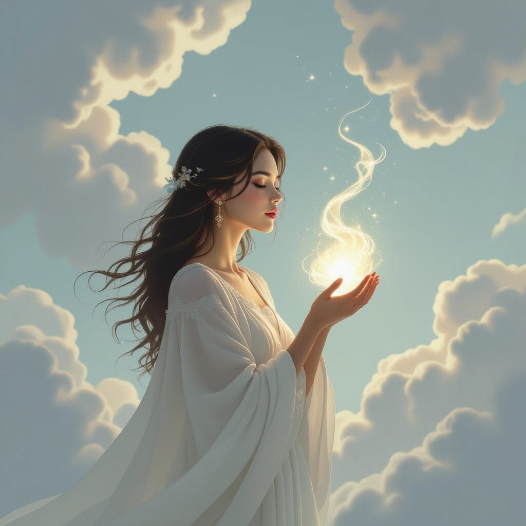 Woman Offers Soul to Ethereal Clouds in Dreamy Symbolist Sty...