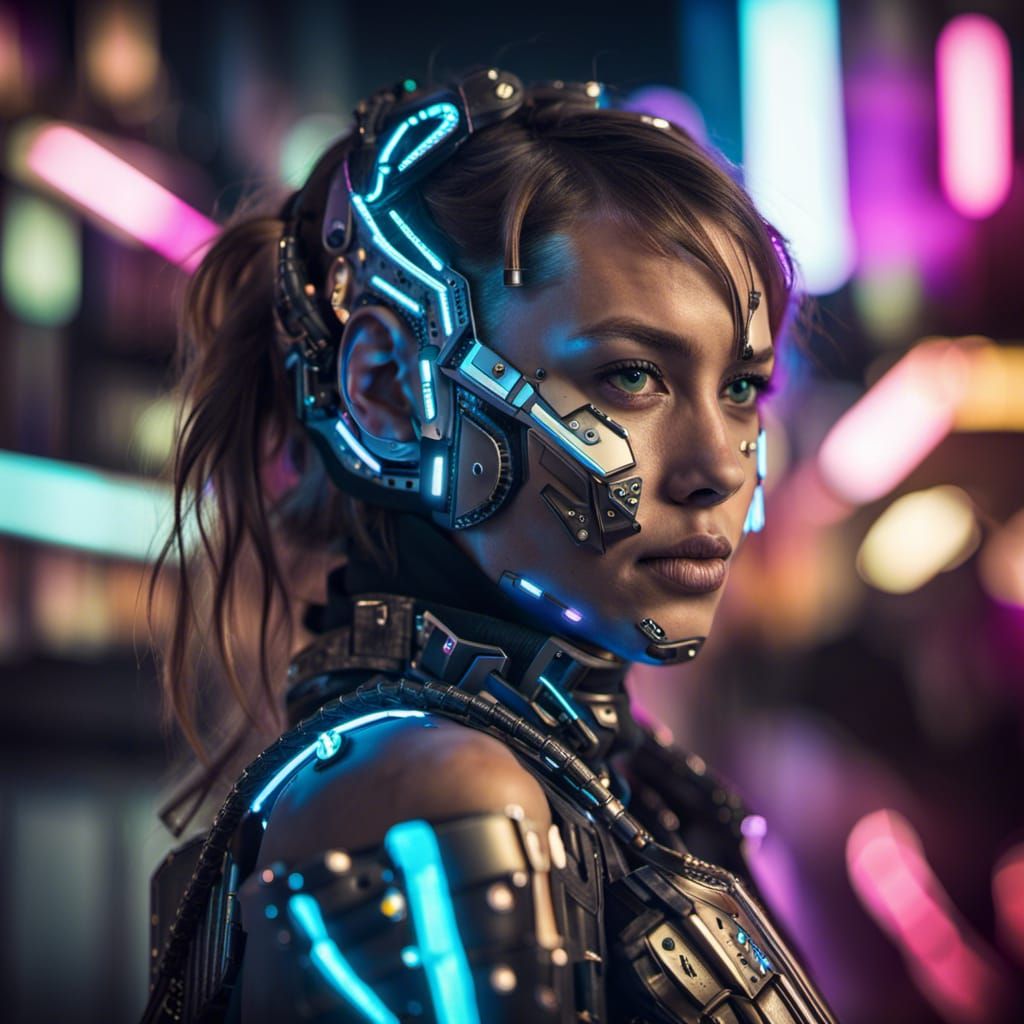 Cyborg Girl in Neon City: Hyperrealistic Portrait