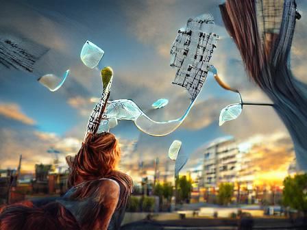 Woman and Cityscape with Floating Music Notes
