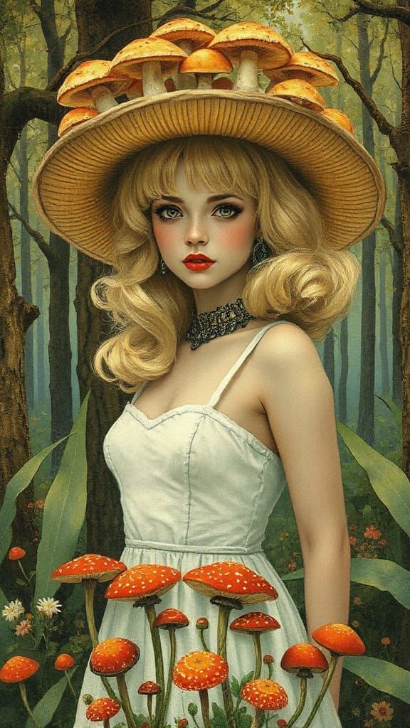 Surreal Art Nouveau Woman in Mushroom Garden