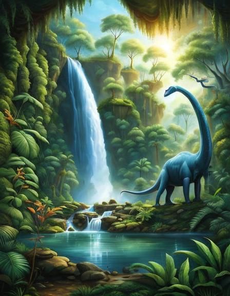 Dinosaur by Waterfall