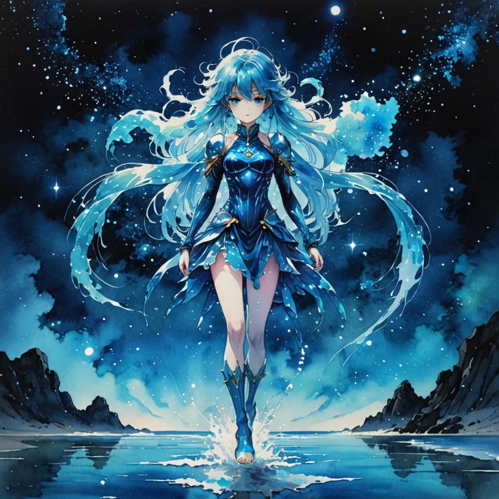 Shining Water Creature on Magical Beach: 80s Anime Art