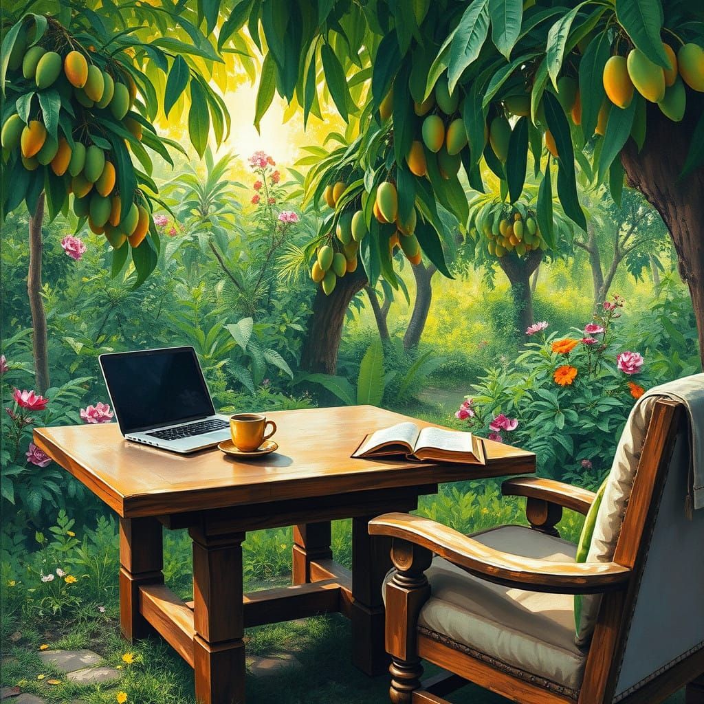 Impressionist Masterpiece of Cozy Morning in a Mango Farm