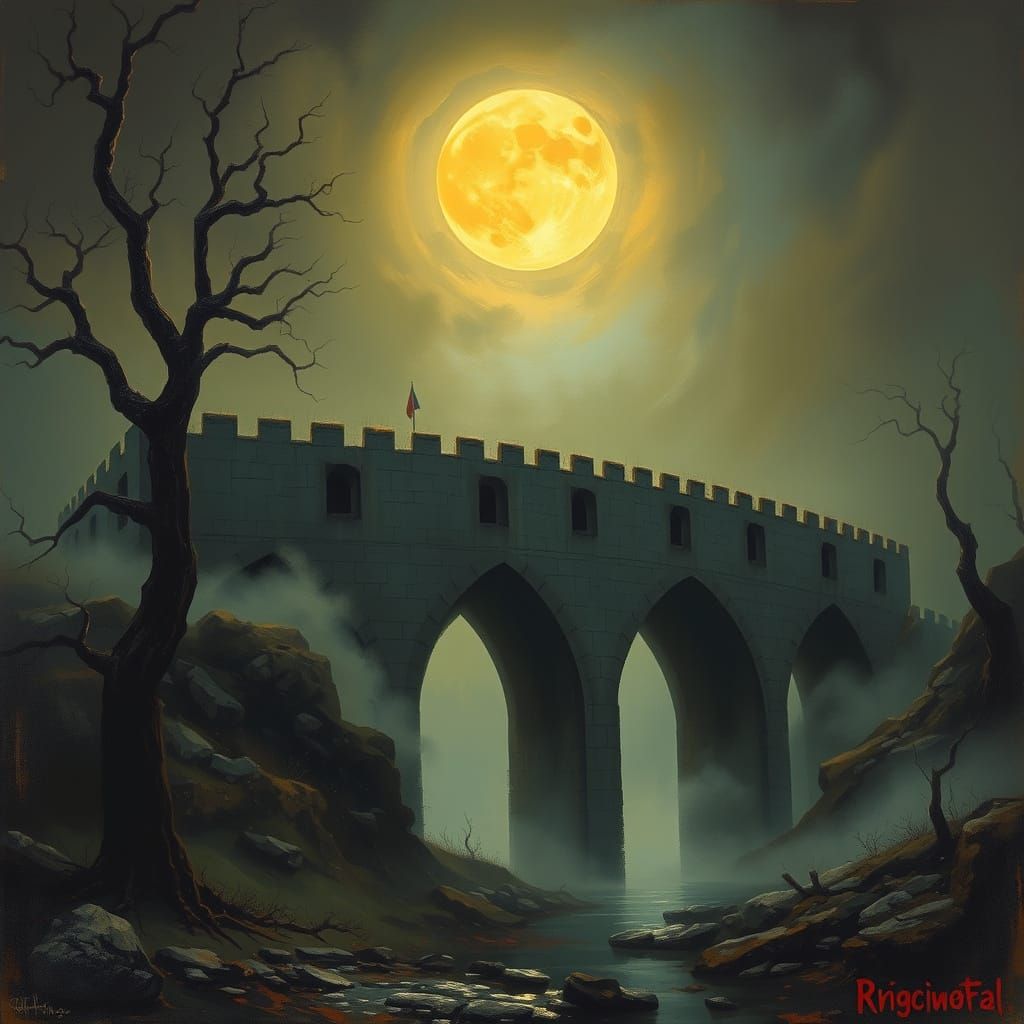 Medieval Bridge in Haunting, Dark Landscape