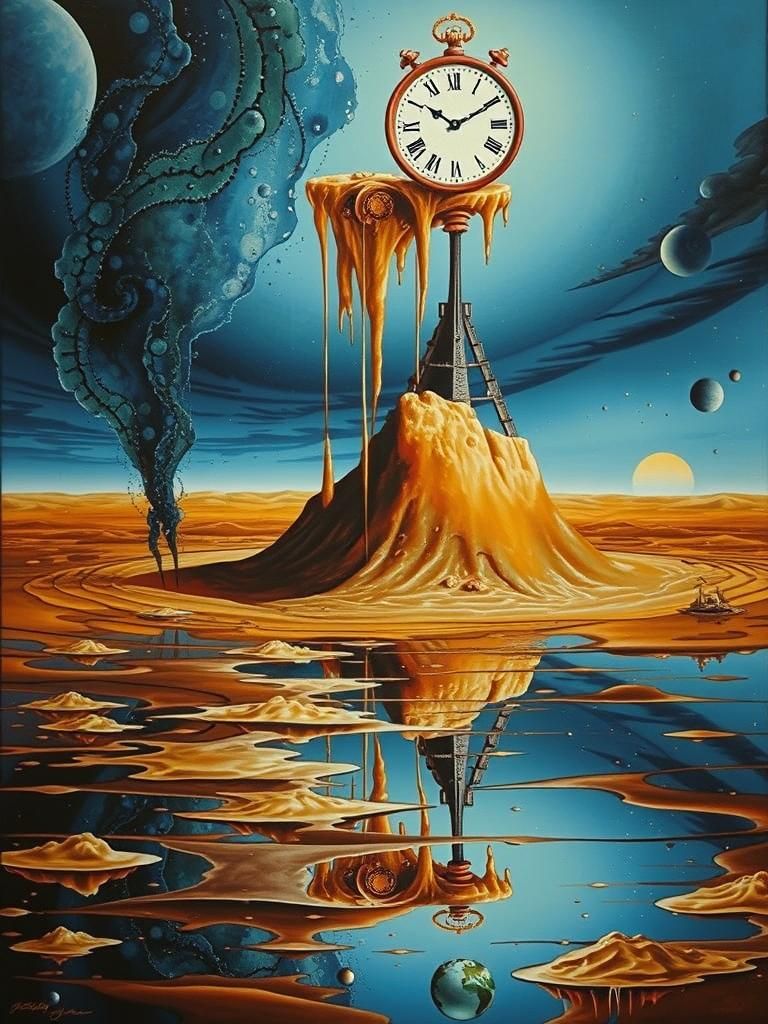 A mysterious clock with twisted, melting clockwork and rippling numerals, dissolving into the fabric of reality, set aga...