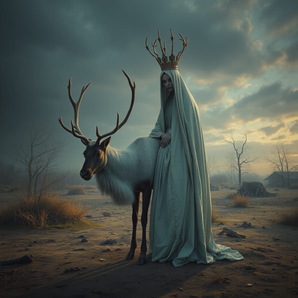 Surreal Priestess Surrounded by Reindeer in a Desolate Asylu...