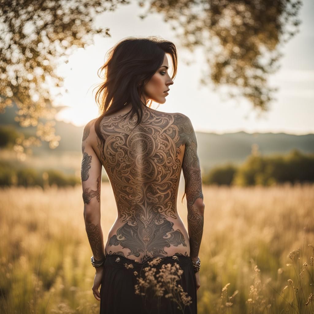 Tattooed Woman in Meadow, Back View