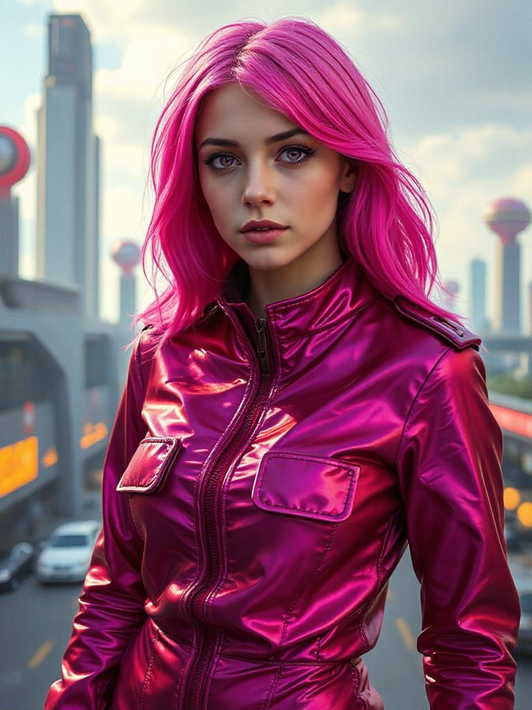 Pink-Haired Woman in Sci-Fi Cityscape