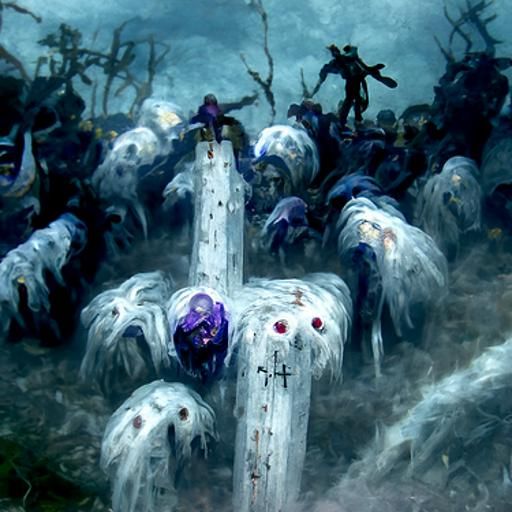 Horror Landscape with Purple Crosses in Engraving Style