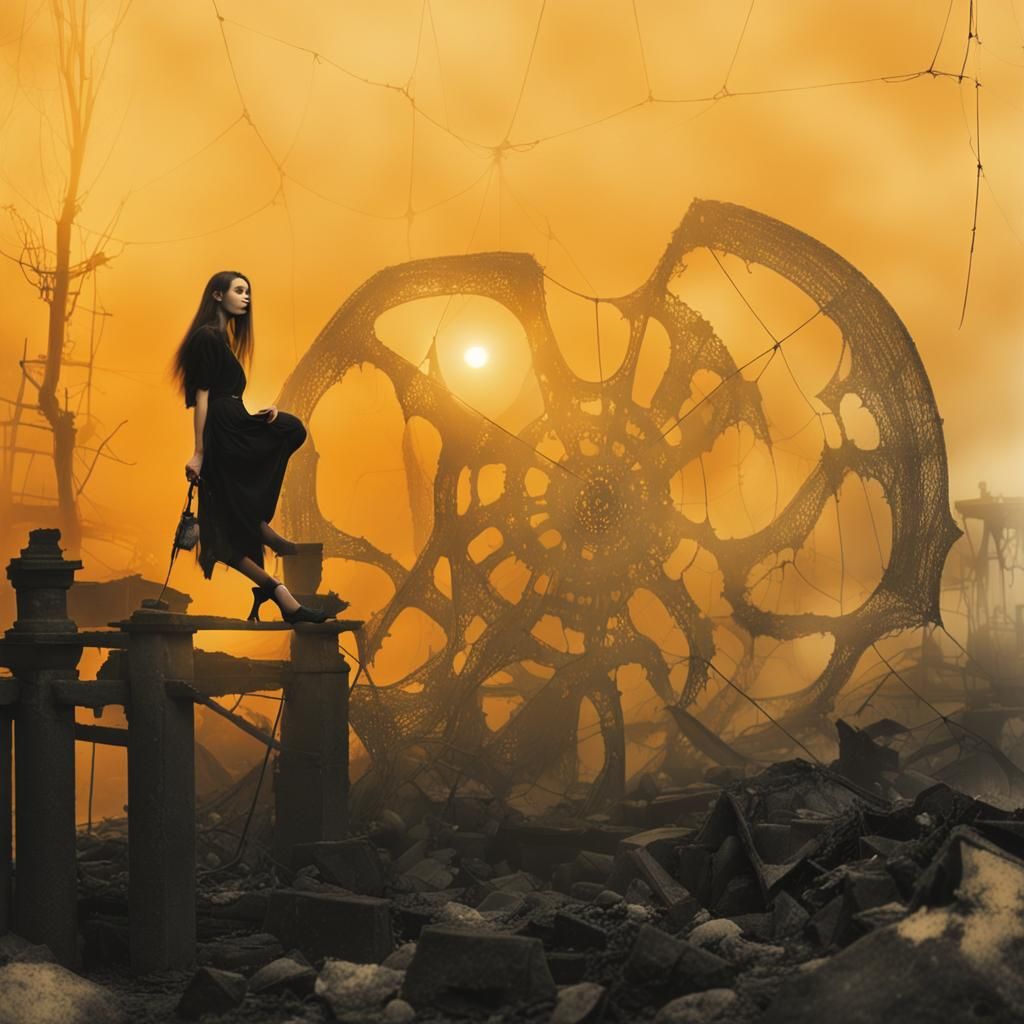 Surreal Goth Model Amidst Decay: Black and White Photo