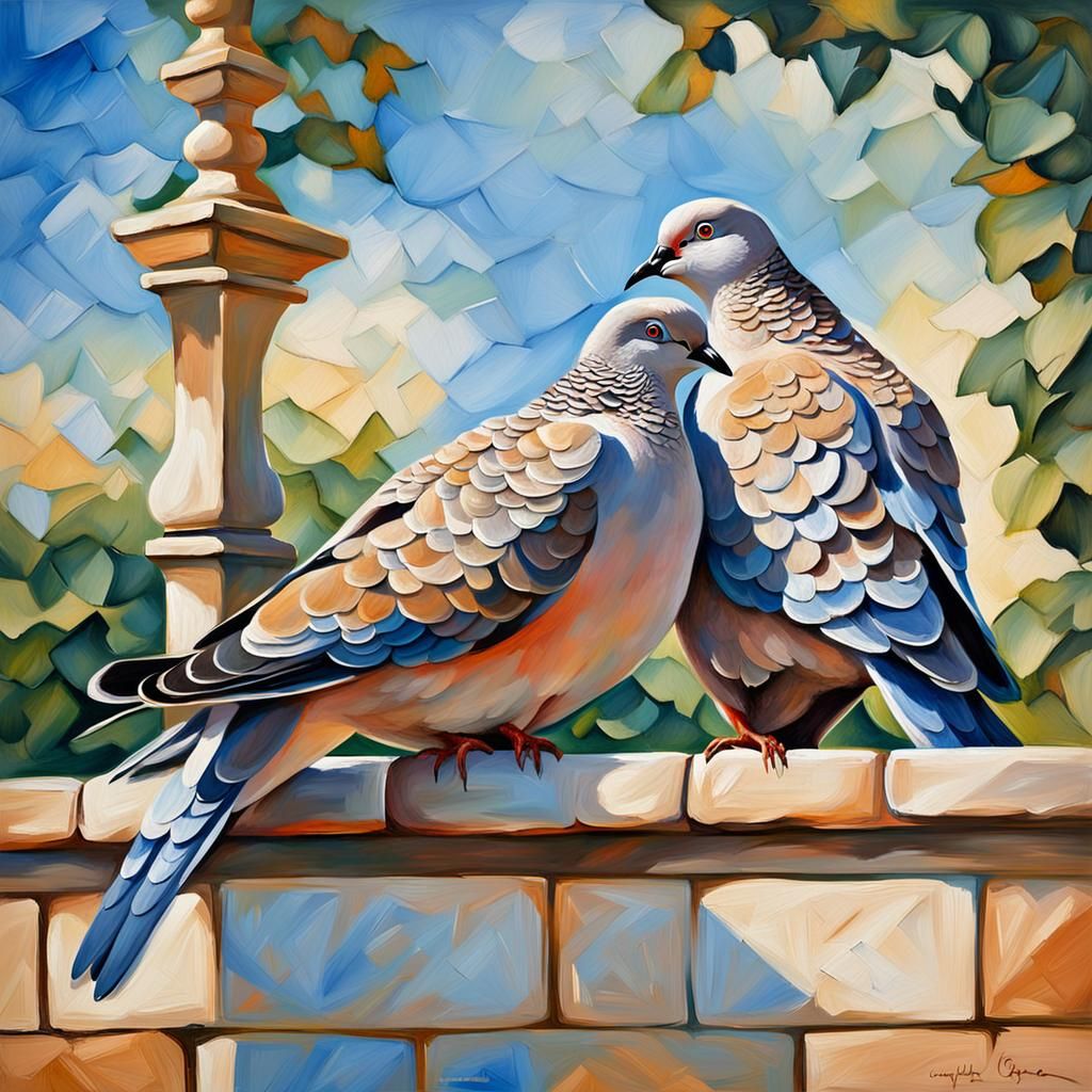Turtledoves Preening in Morning Sun: Impasto Painting