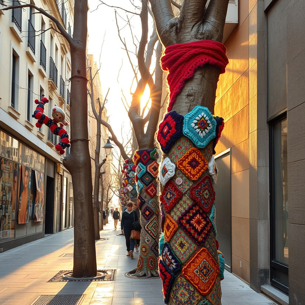 Madrid Street Art: Yarn-Bombed Trees in Surreal Style