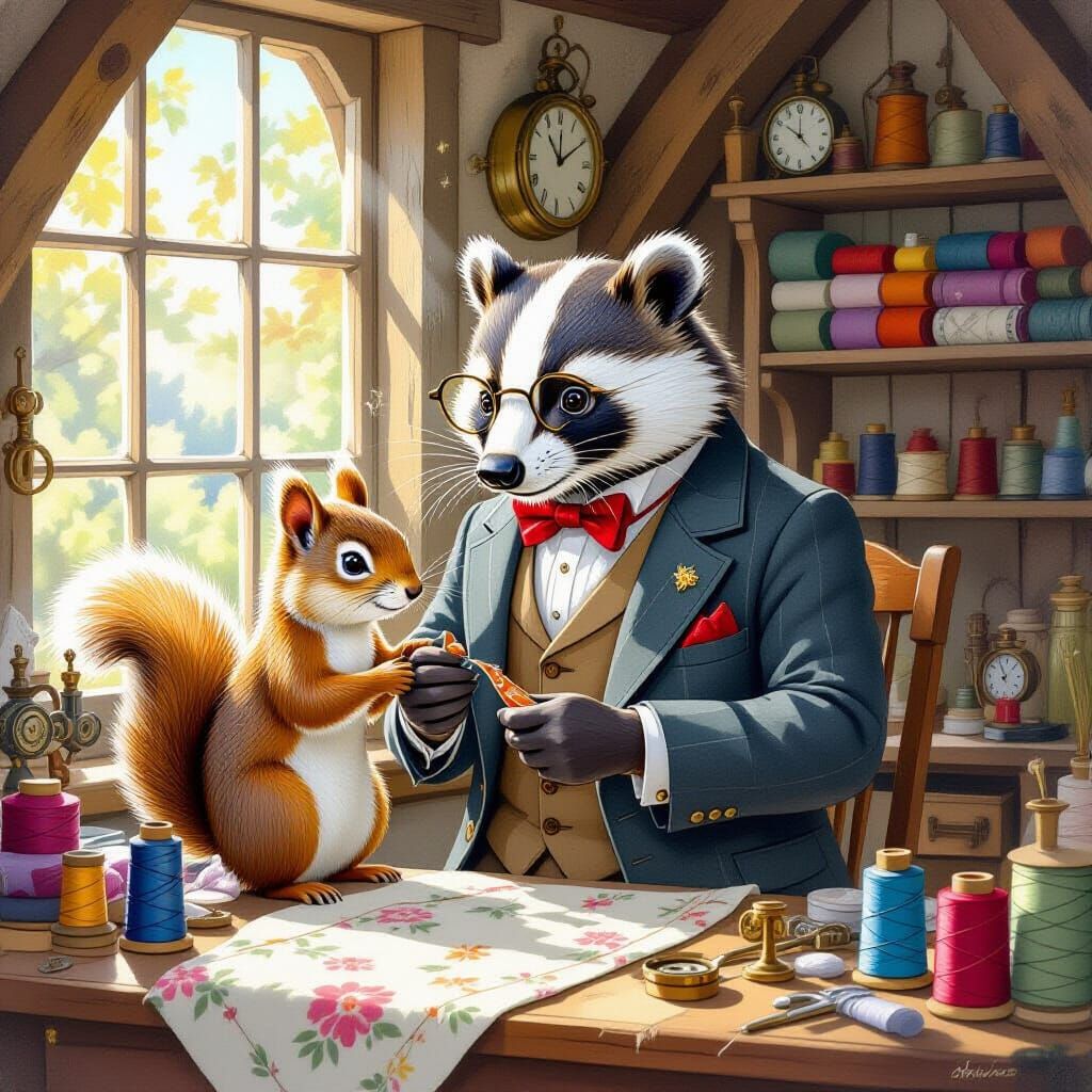 Badger Tailor Fitting Squirrel, Storybook Illustration