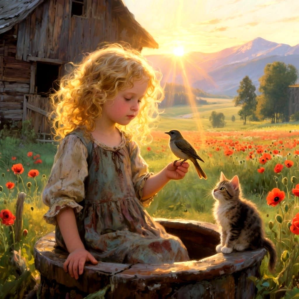 Dreamy Oil Painting of a Girl with Bird by Old Well