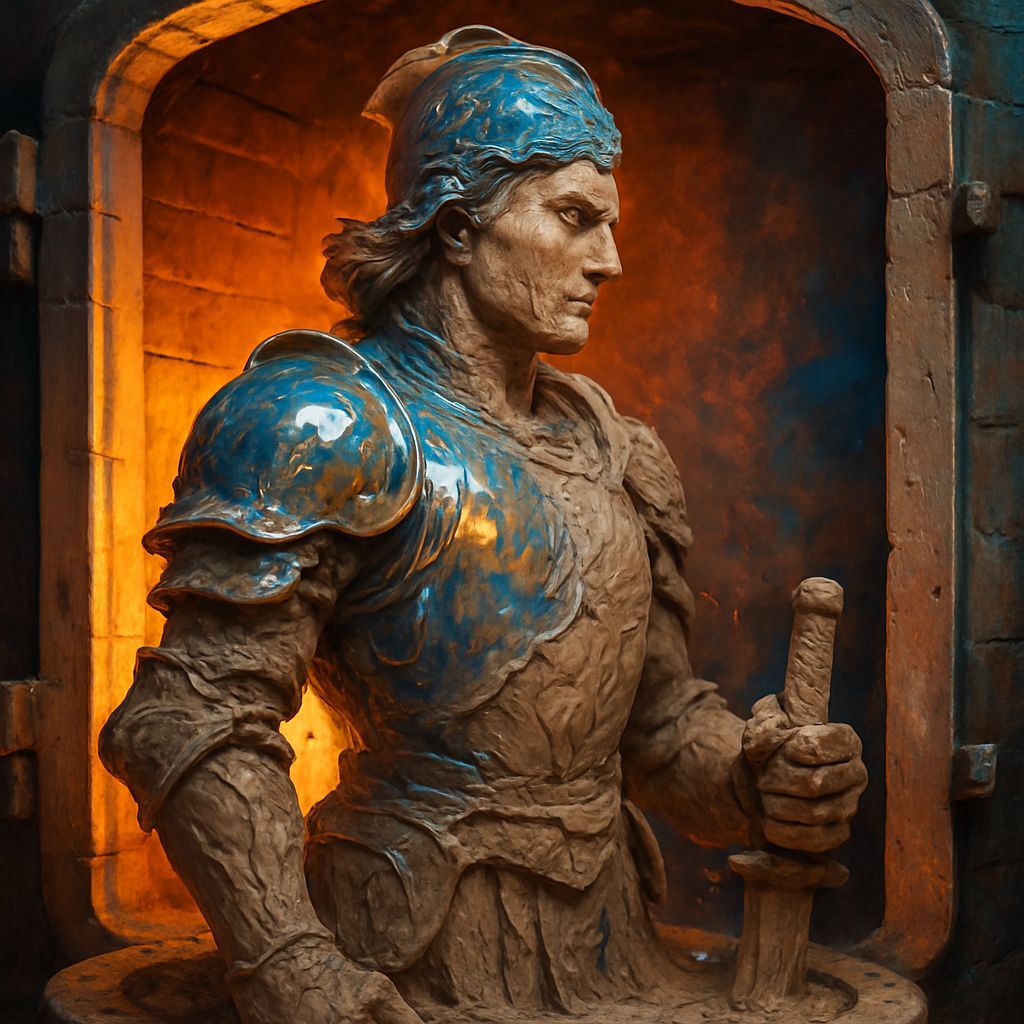Armored Hero Clay Statue Glazing in Kiln