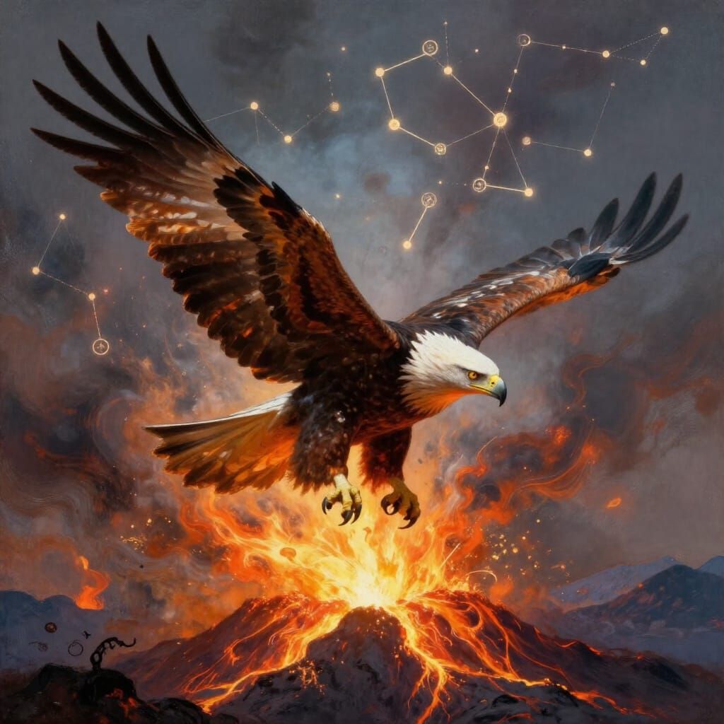 Majestic Eagle Over Erupting Volcano in Painterly Realism