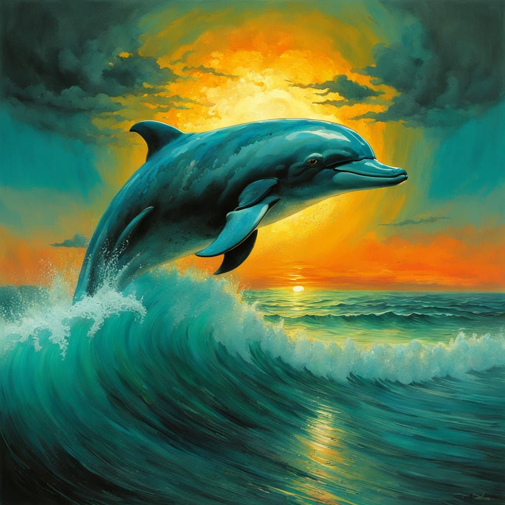 Dolphin Riding Sunset Wave in Vibrant Watercolour Style