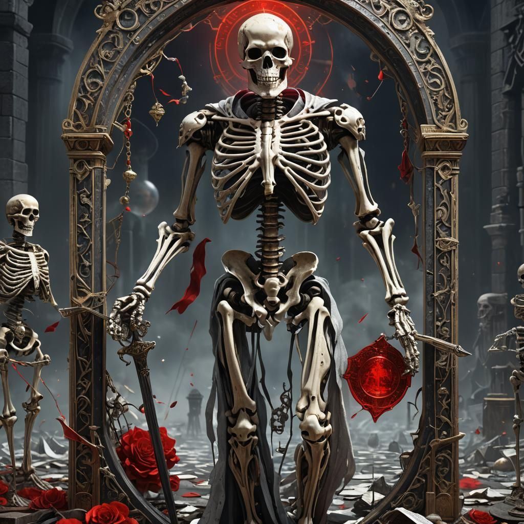 Justice Tarot Card with Skeleton in Dark Fantasy Style