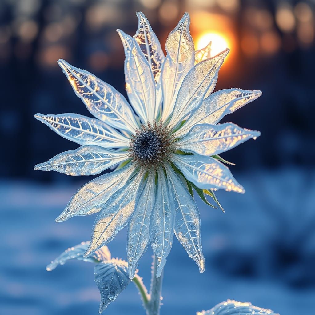 Surreal Ice Sunflower Blooms in Winter Dawn