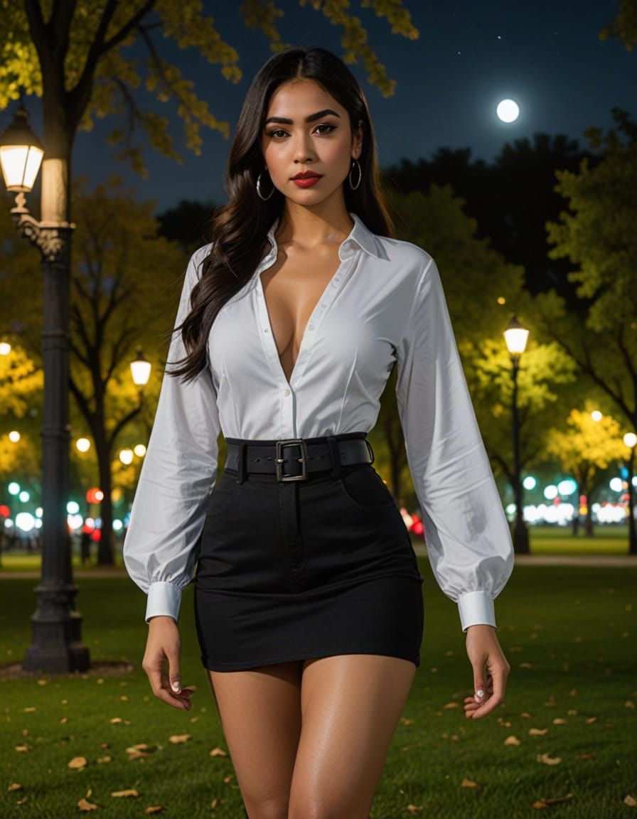 Athletic Mexican Woman Posing in White Shirt at Night