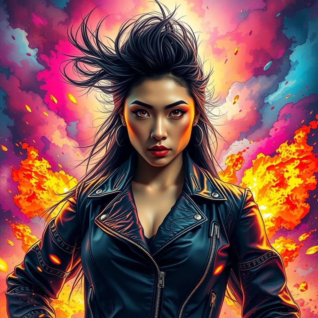 Powerful Woman Amidst Chaos in Surreal Ink Art