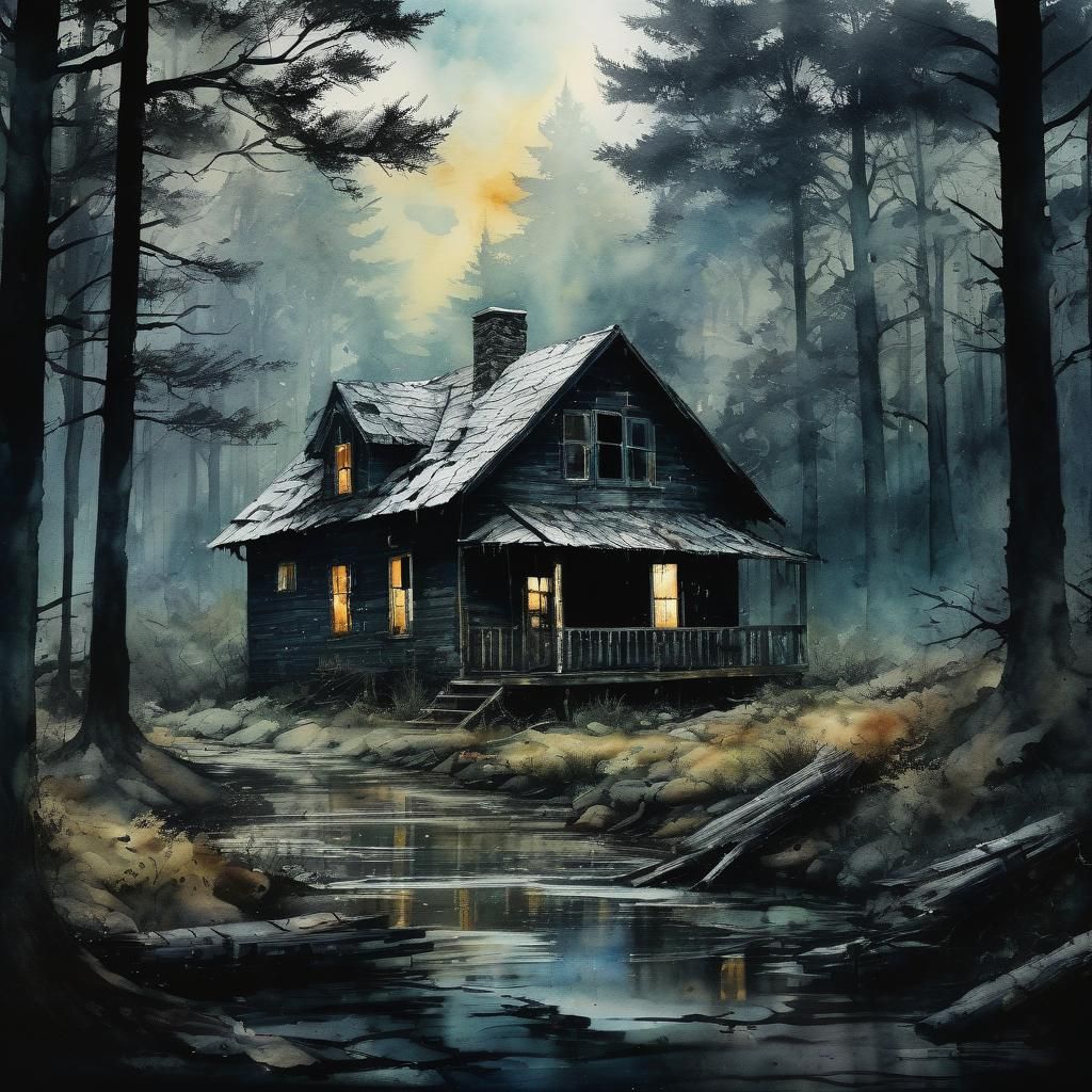 Eerie Abandoned Cabin in Gloomy Watercolor Style