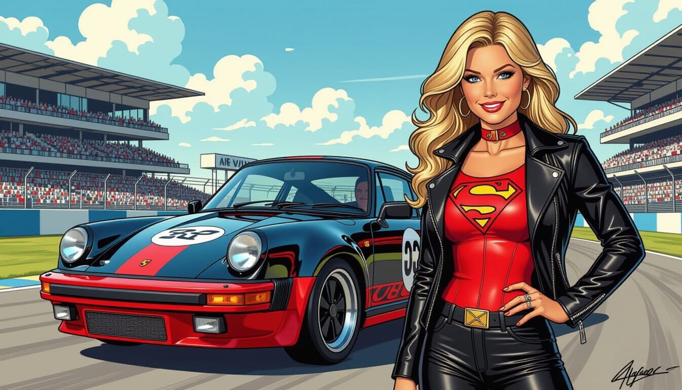 Supergirl Poses with Porsche 917LH, Comic Book Art