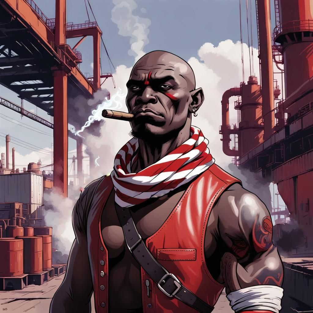 Cyberpunk Orc Gang Leader in Industrial Port