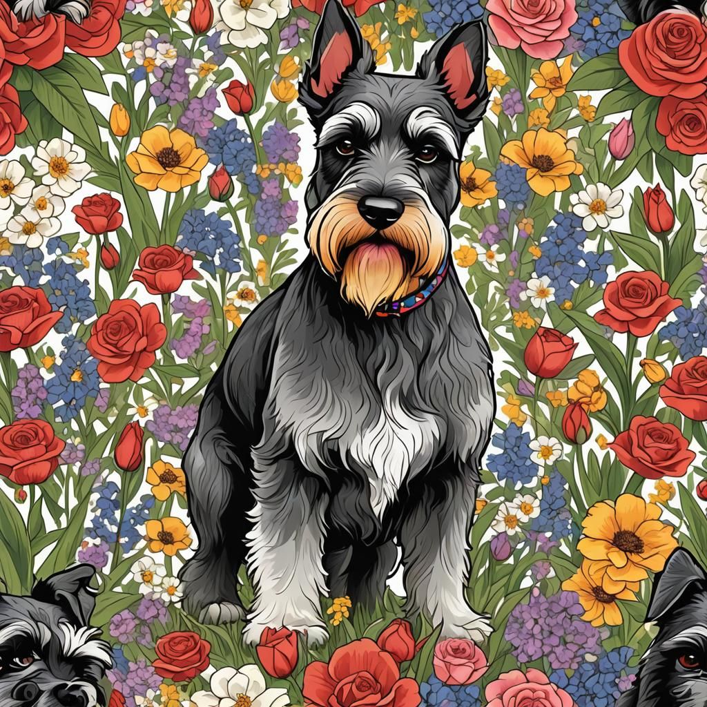 Schnauzer in Flower Garden T-Shirt Design