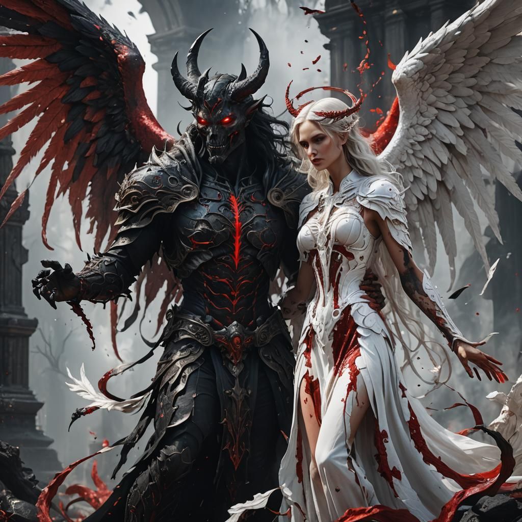 Demon Whispers to Angel in Detailed Matte Painting