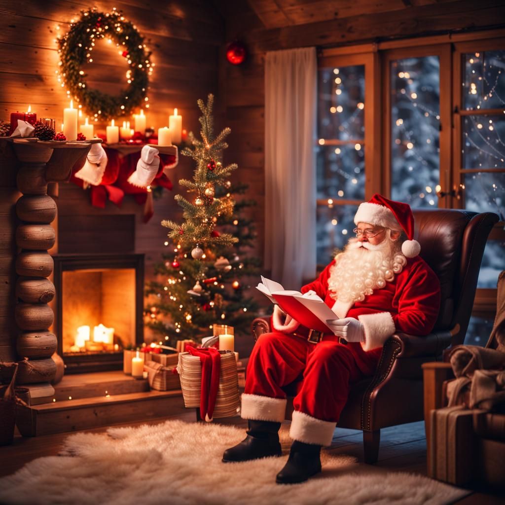 Kawaii Santa Claus Relaxing in Cozy Christmas Cabin