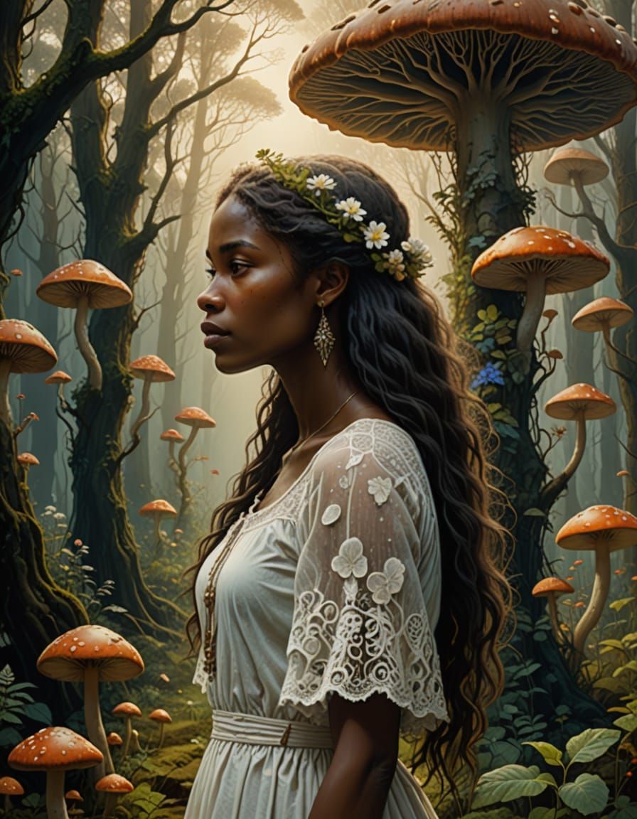 Beautiful Woman in Mushroom Forest, Beksiński Style