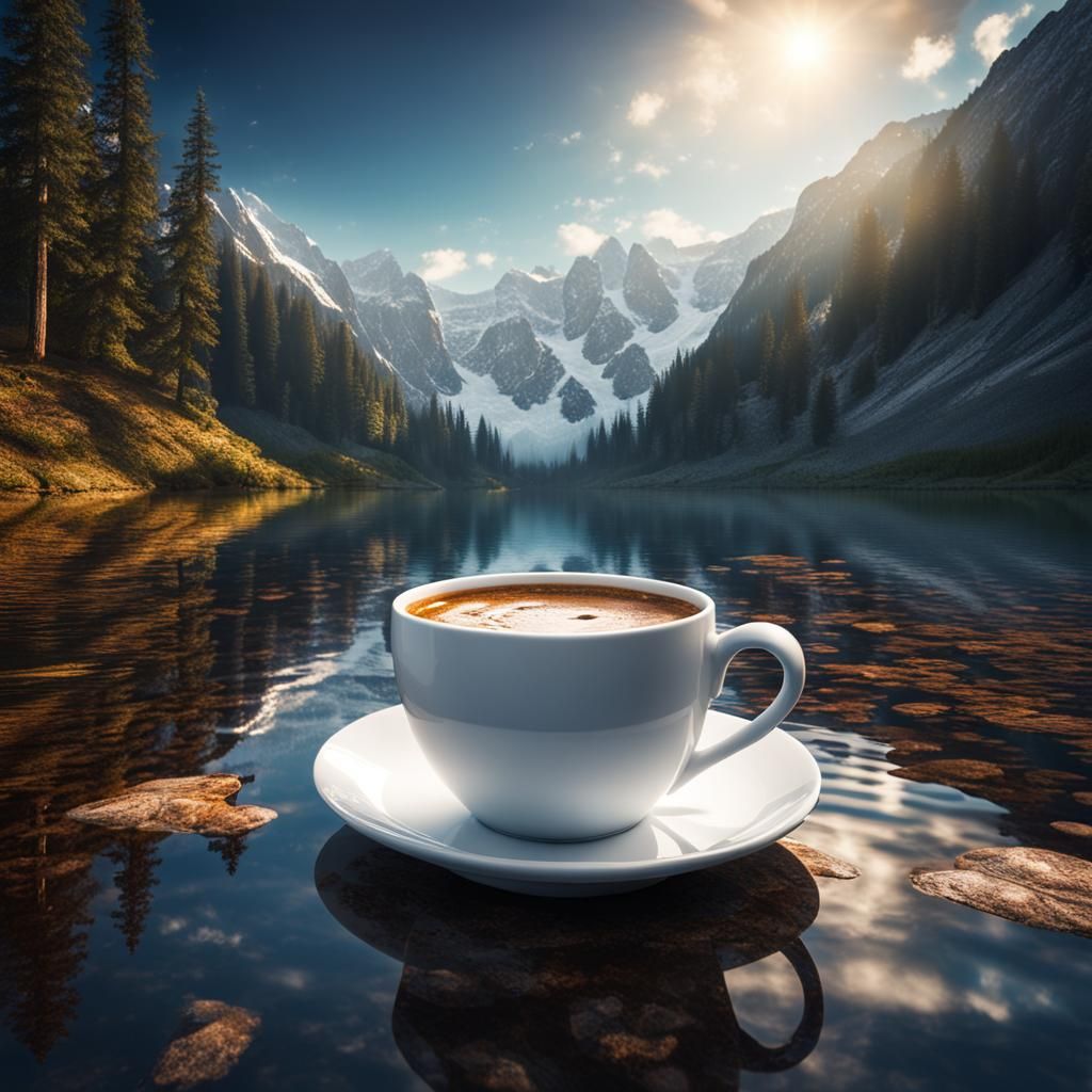 a coffee cup floats in a mountain lake