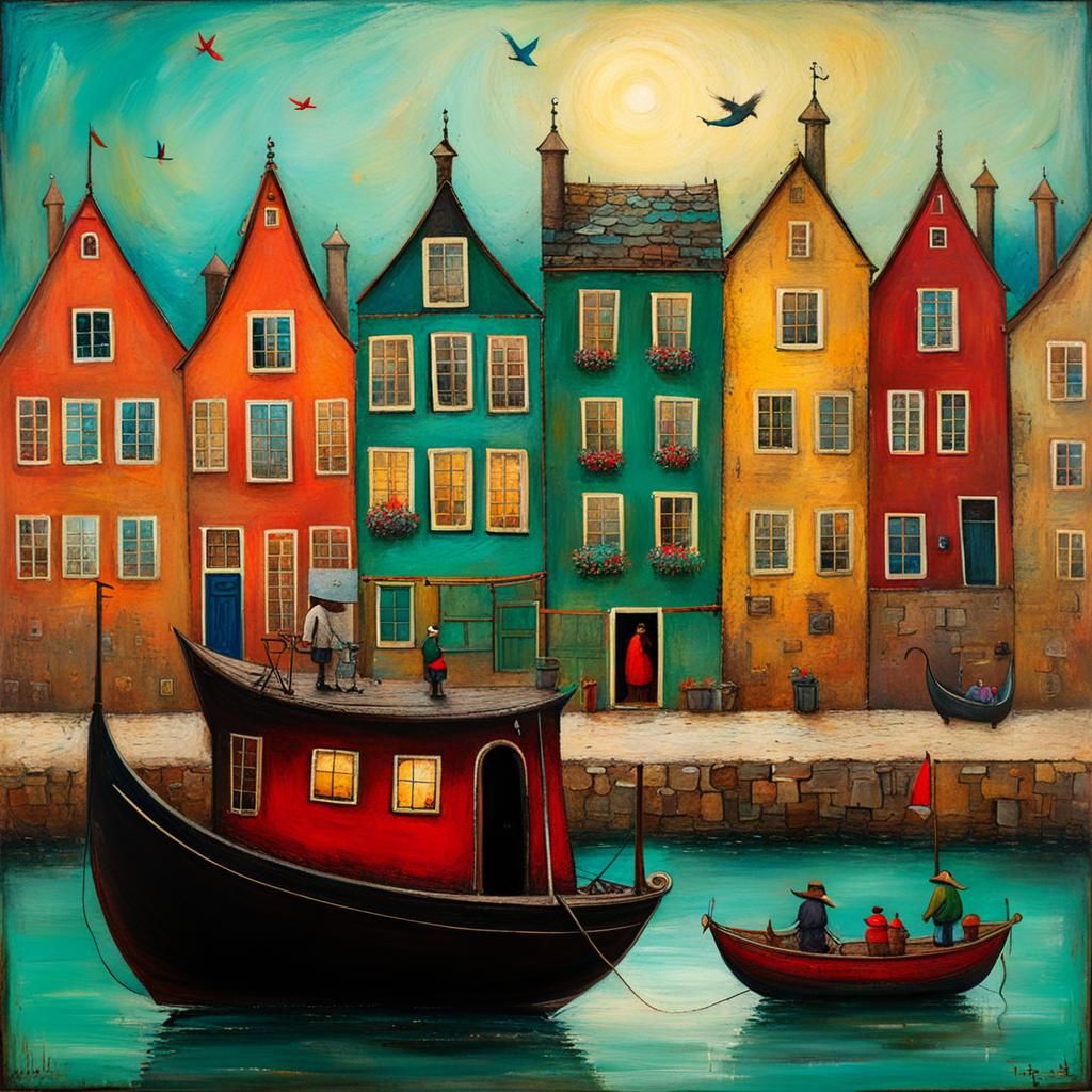 European Harbour Scene in Mixed Media Style