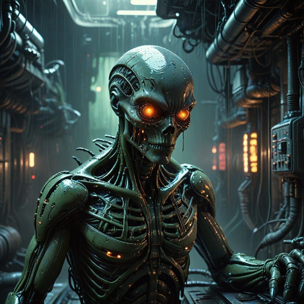 Alien Cyborg Transformation in Gritty Sci-Fi Style
