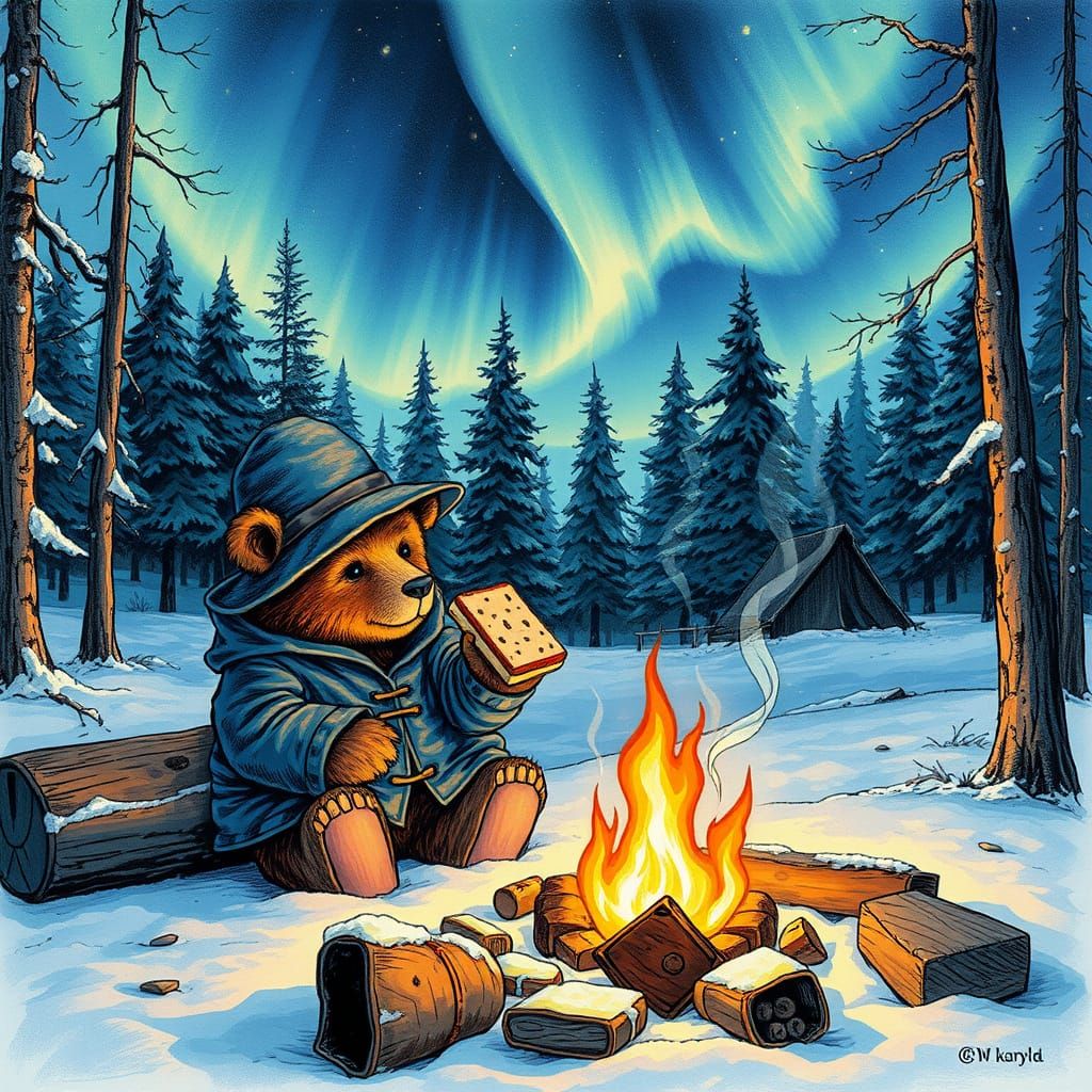 Paddington Bear Enjoys Campfire Treats in Winter Wonderland