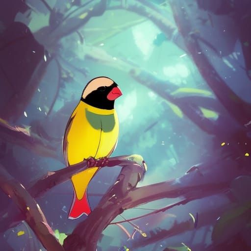 Gouldian Finch in Tree by Studio Ghibli and WLOP