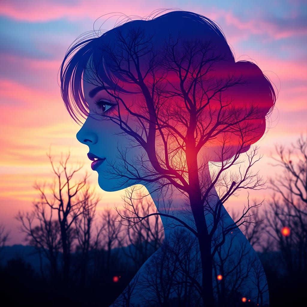 Surreal Double Exposure Portrait in Translucent Blue Silhoue...