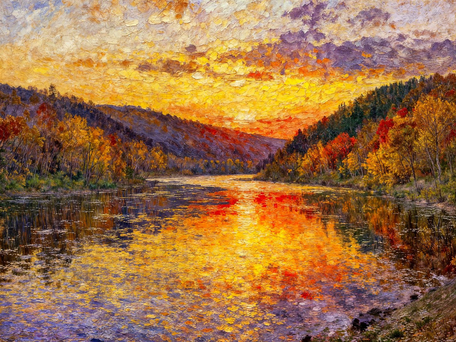 Vibrant Autumn River Sunset with Impressionist Textures
