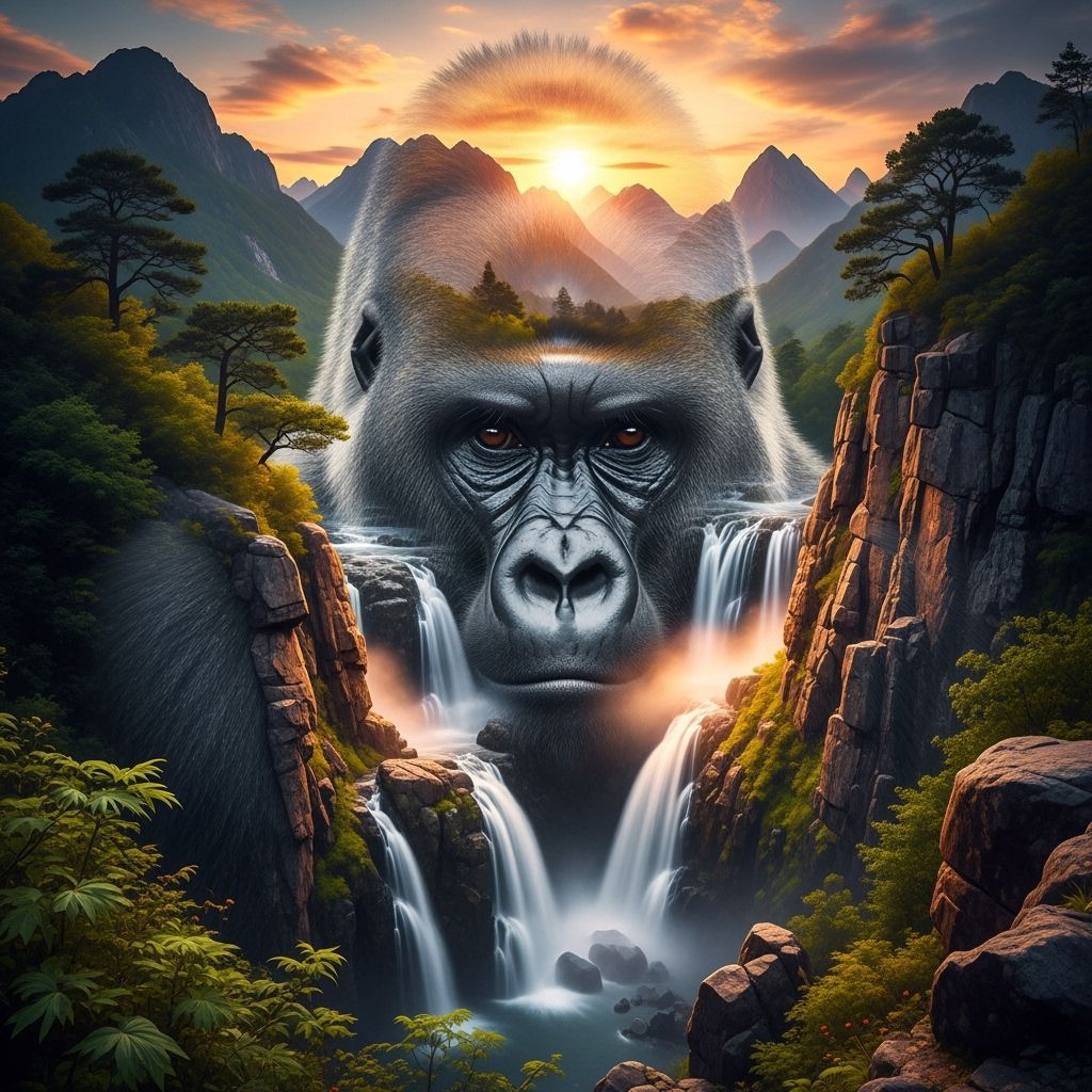 Majestic Gorilla Merged With Mountain Landscape at Sunset