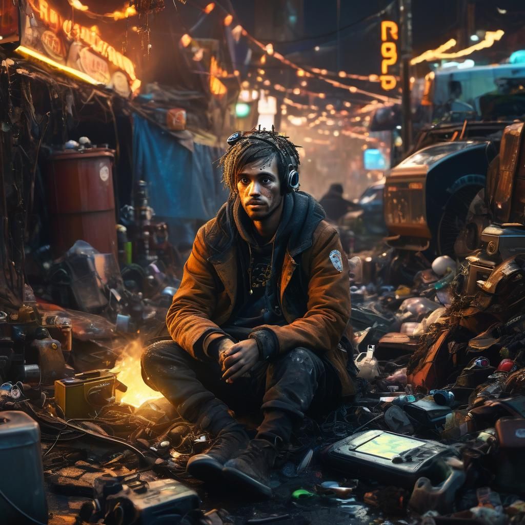 Surreal Refugee in Junkyard, Pop Art Style