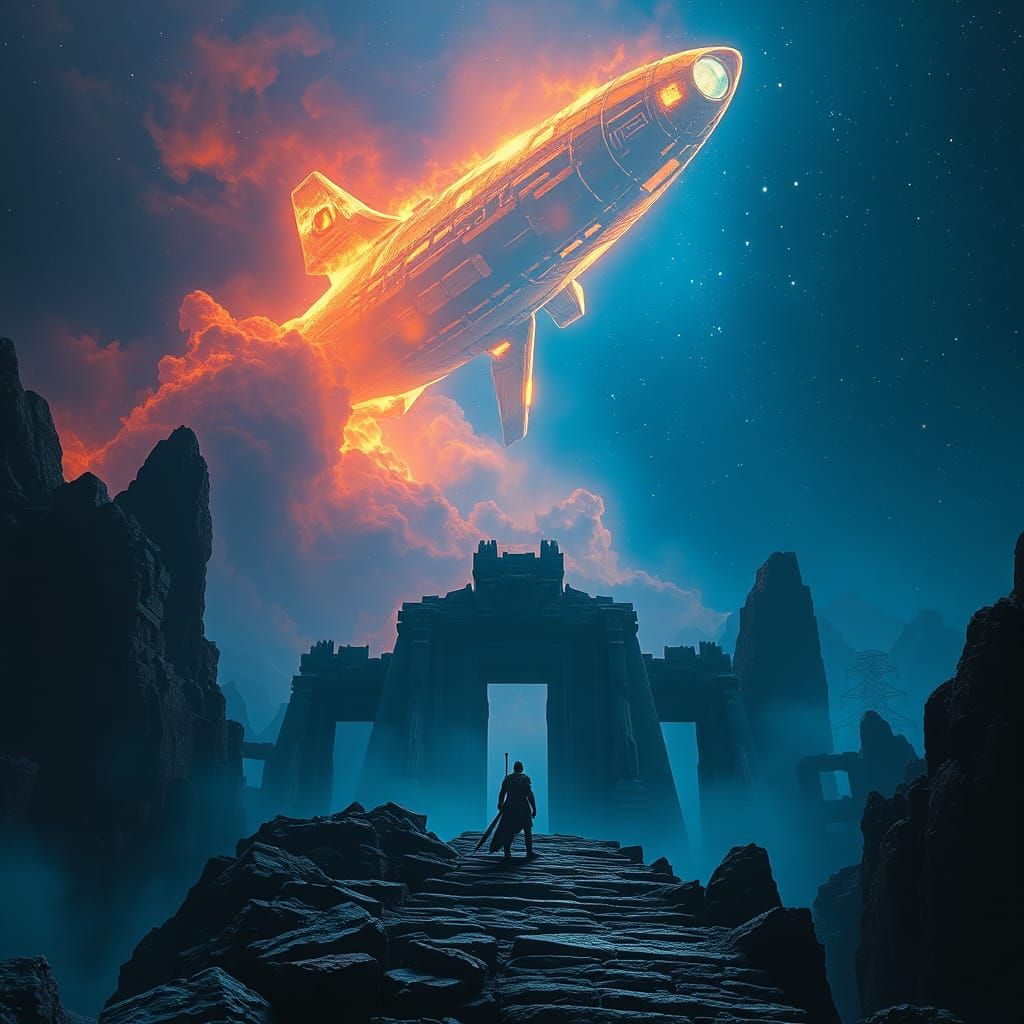 Mysterious Warrior Amidst Ancient Ruins in Dark, Surreal Nig...