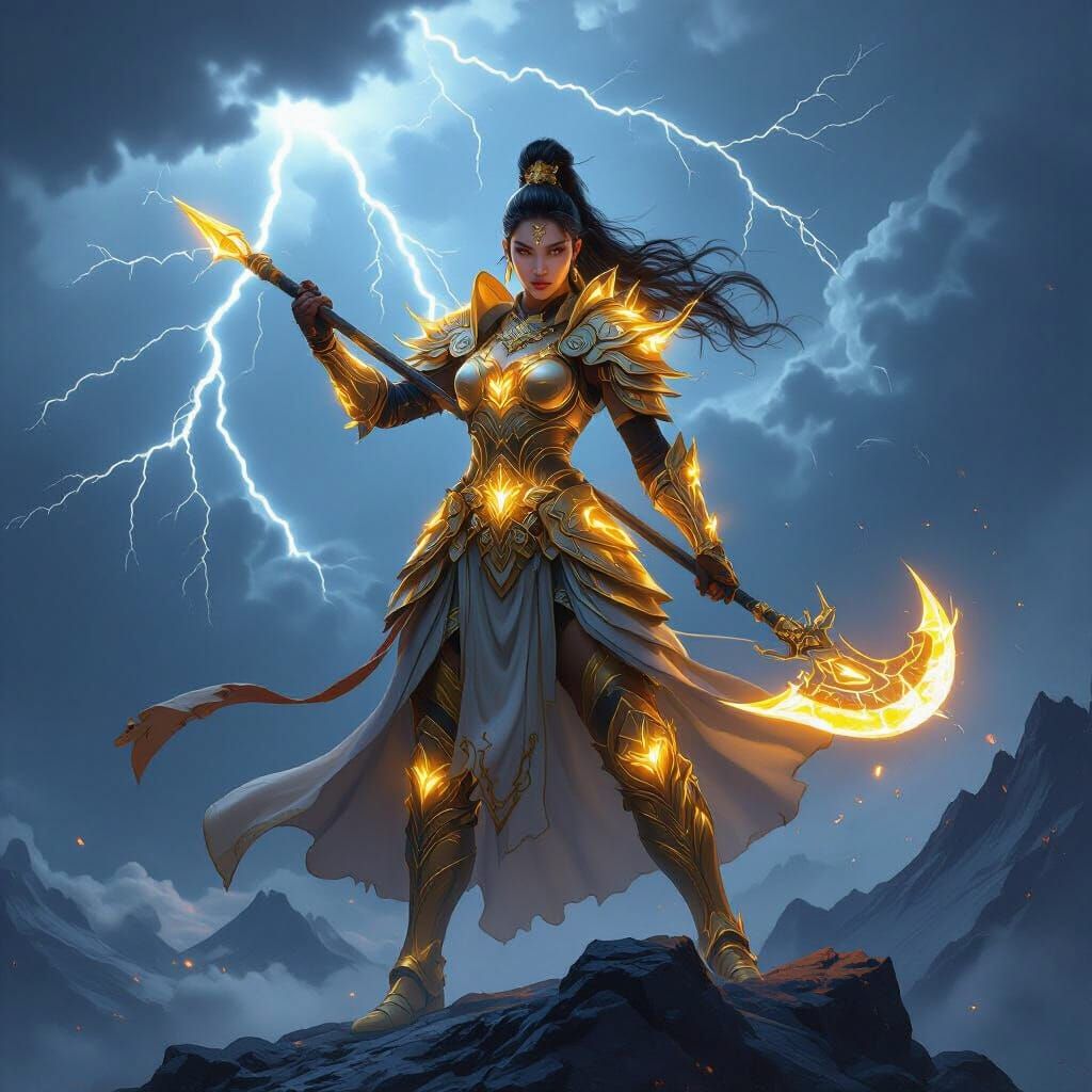 Warrior Woman Tian Shangfei in Golden Armor on Stormy Peak