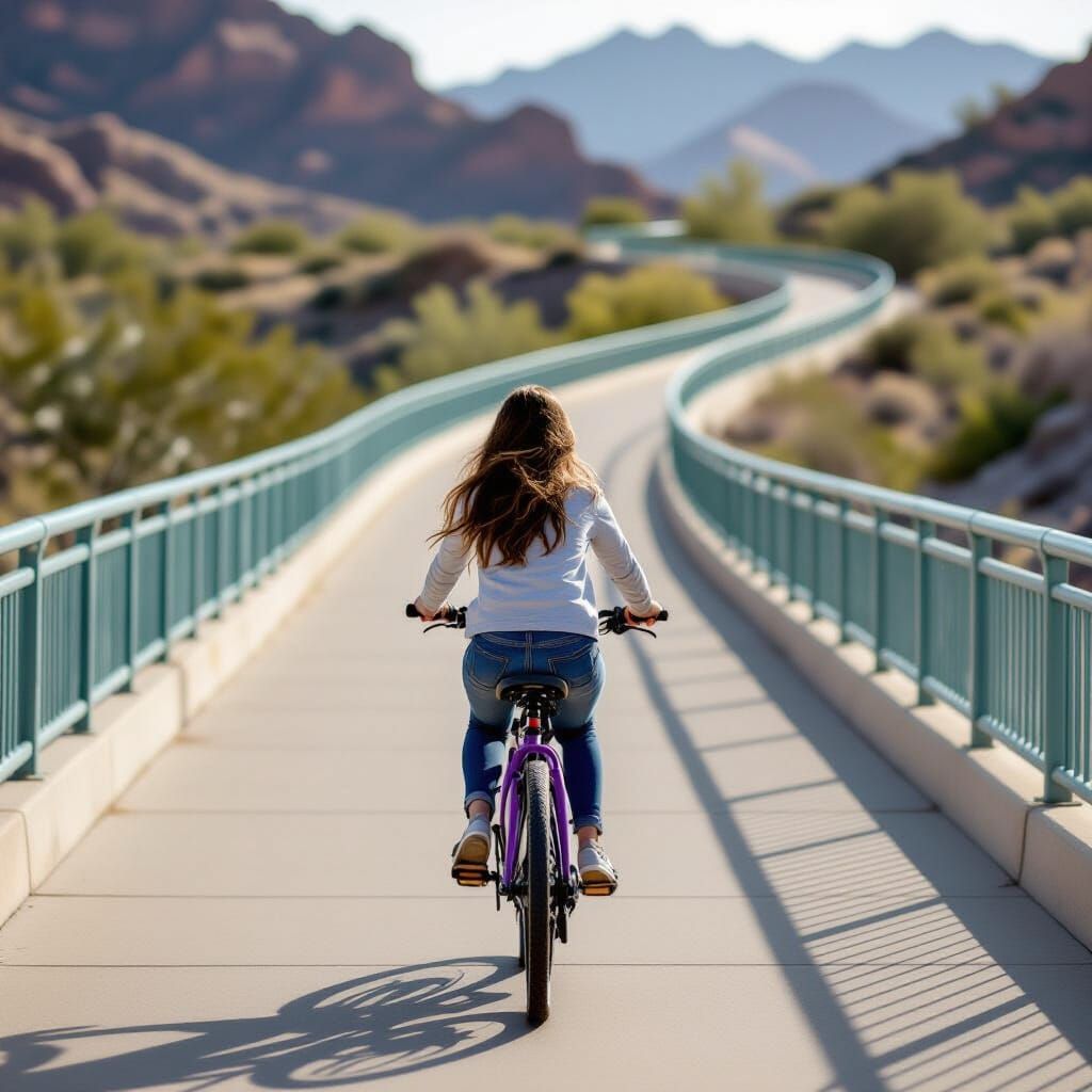 Girl Rides Purple Bike Through Southwest Desert Arroyo