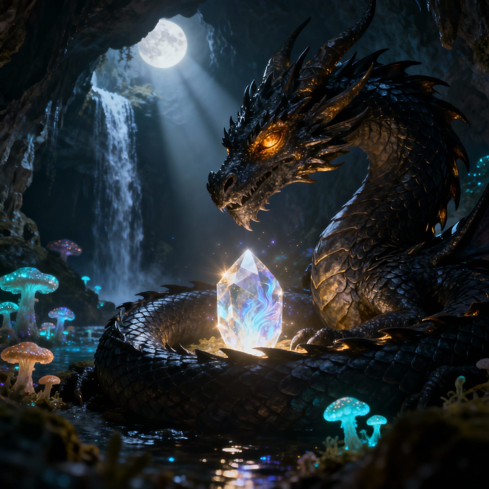 Ancient Obsidian Dragon Guards Ethereal Crystal in Luminous ...