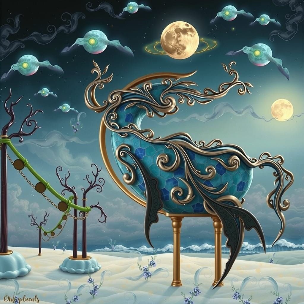 Dreamlike Hyperrealistic Moon Shelf with Swirling Carvings a...