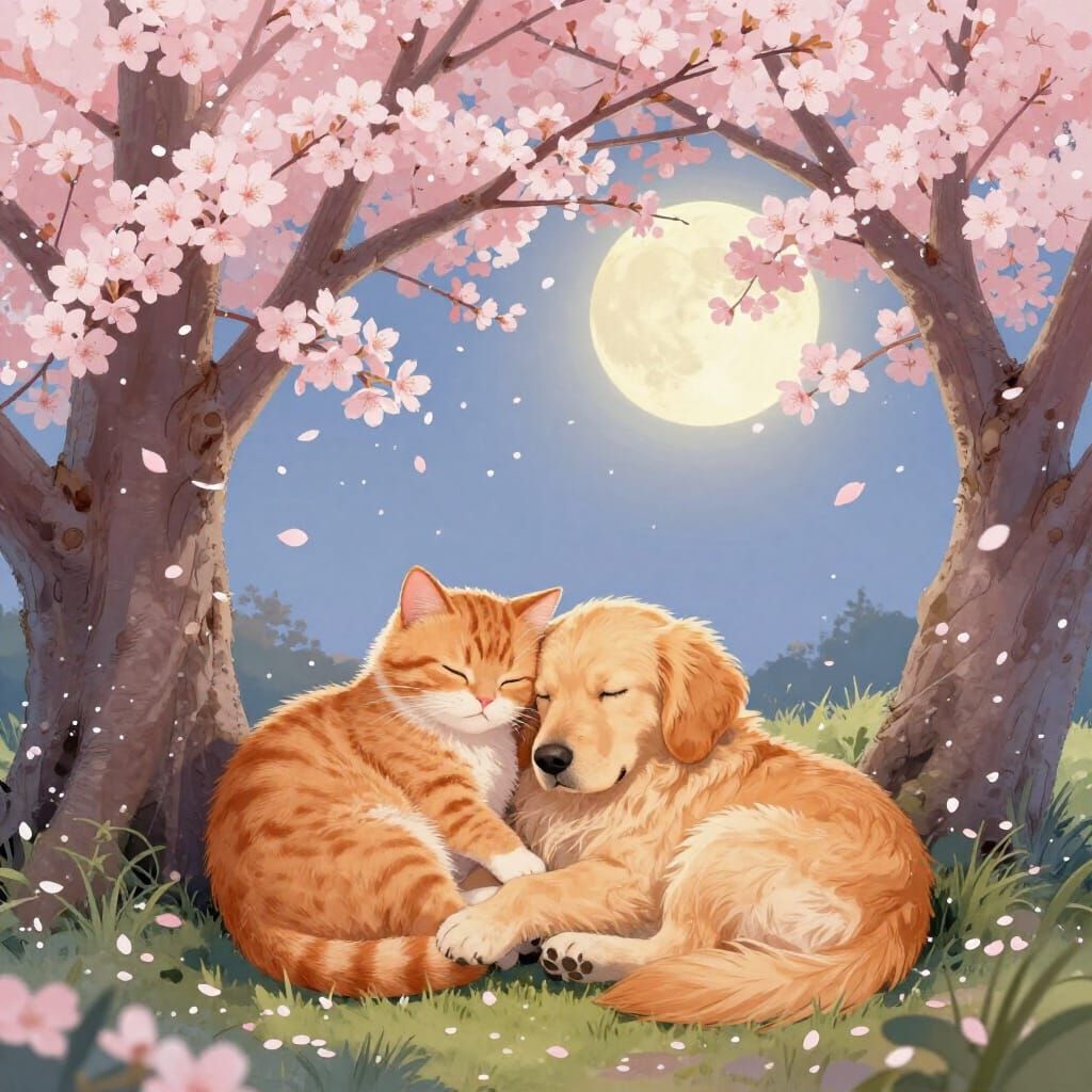 Cat and Dog Sleep Under Cherry Blossoms by Moonlight